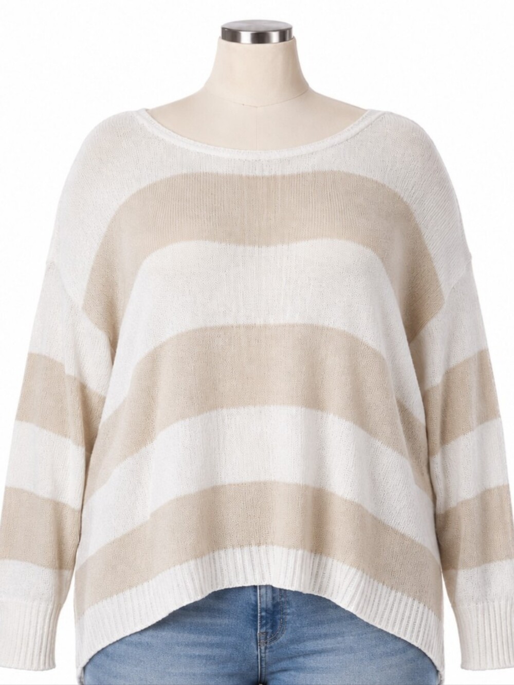 Lane Bryant Cream and Tan Striped Round Neck Sweater